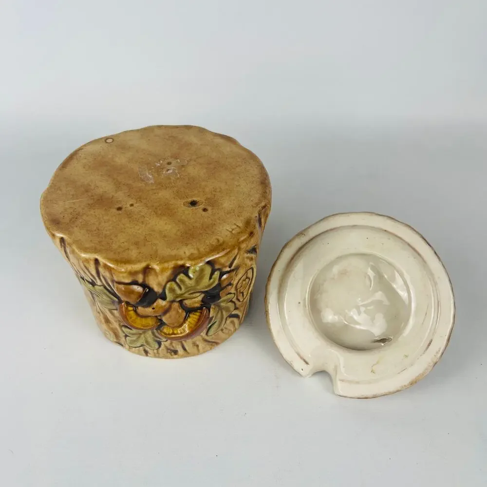Lefton Mushroom Forest Ceramic Sugar Bowl Jar 3D Stump Design Acorns